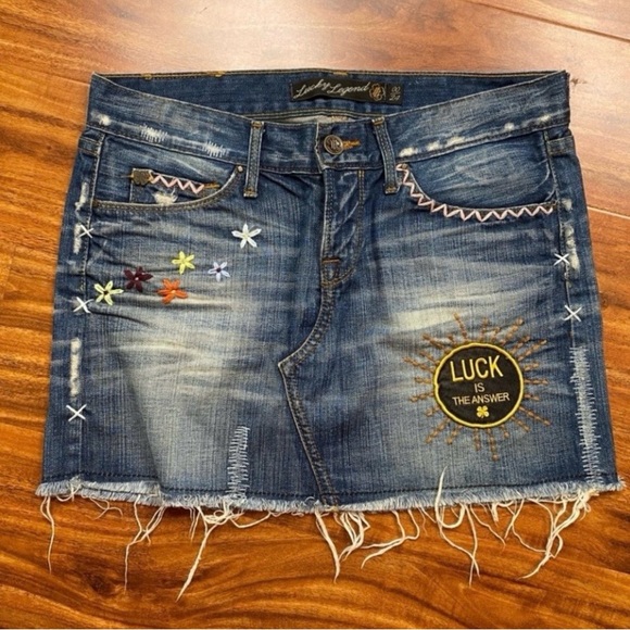 Lucky Brand Dresses & Skirts - Lucky Brand Y2K Zoe Embroidered Patchwork Denim Mini Skirt Size 00 Boho Western